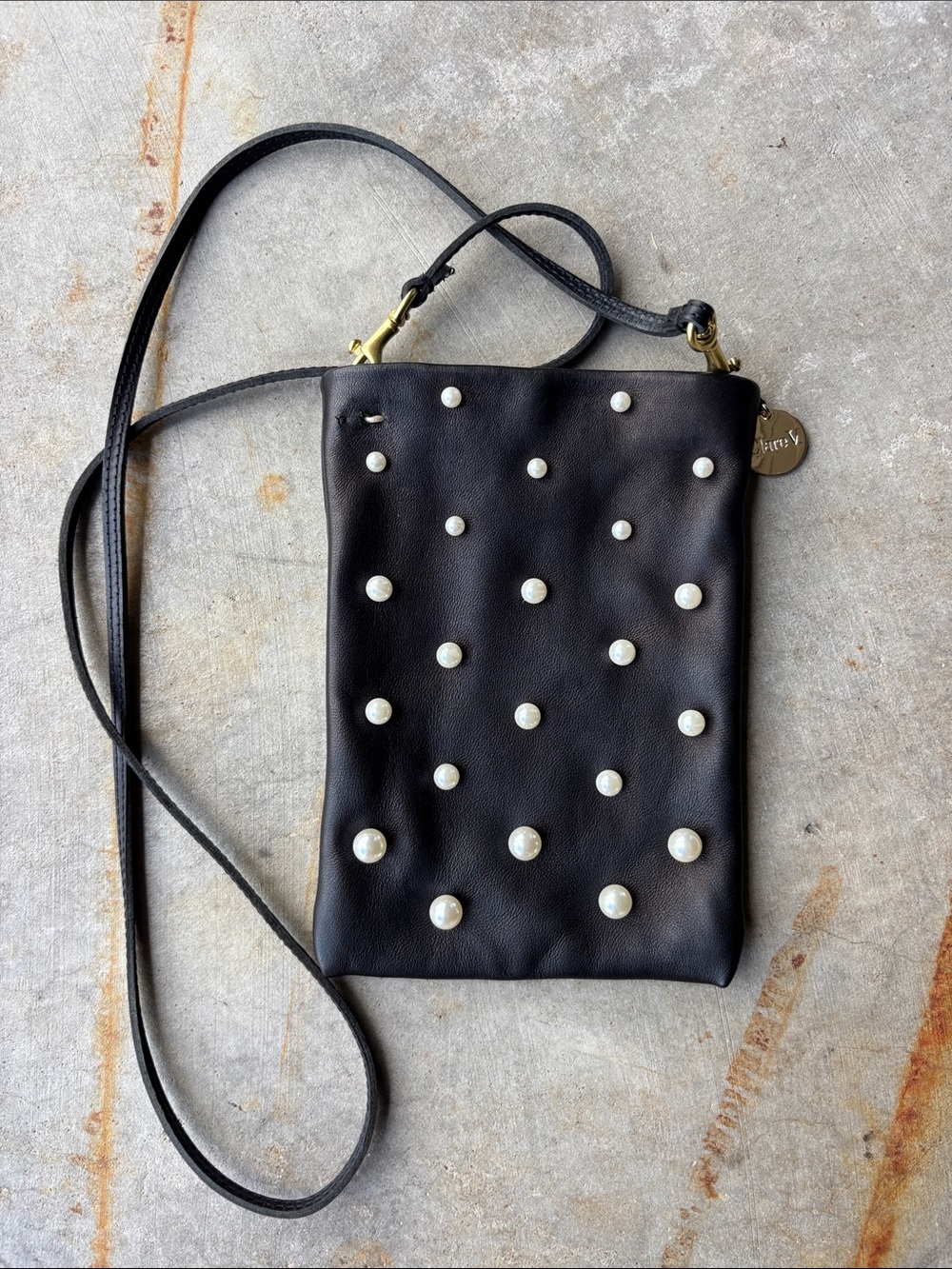 Clare V Pearl-Studded Black Leather Crossbody Bag